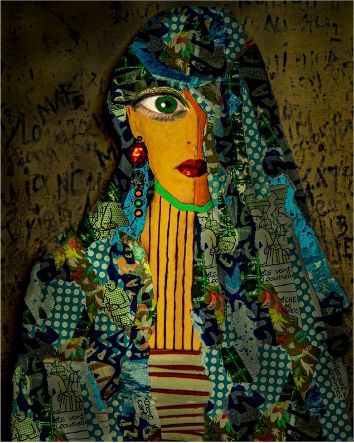 Patterned figure in a hand embellished photo collage