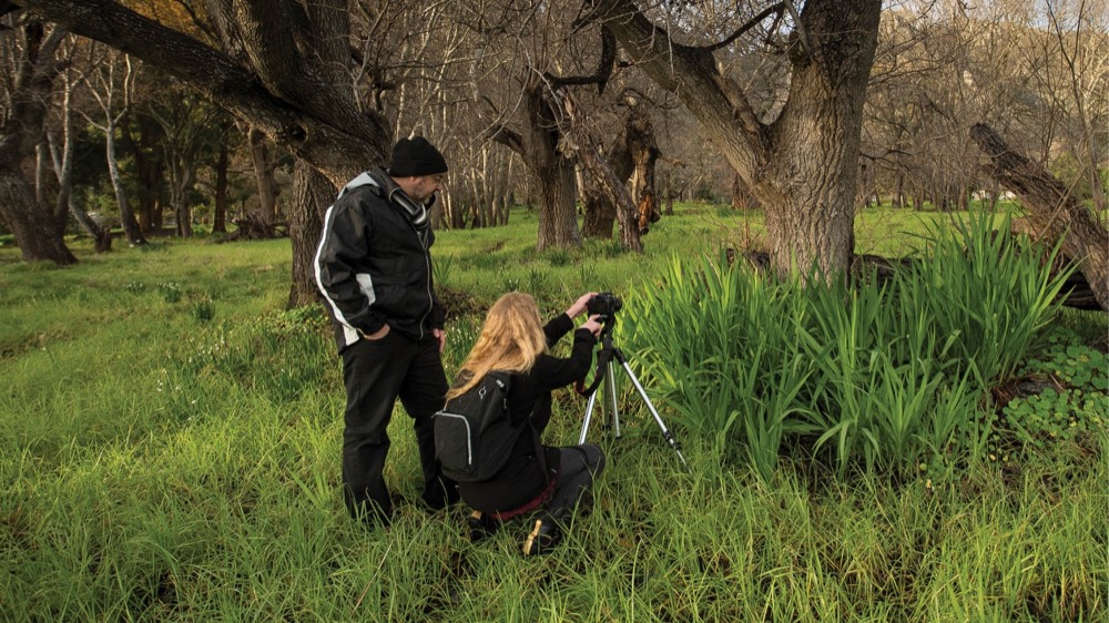 Martin Osner teaching a photographer working from a tripod in woodland on a location session near Cape Town