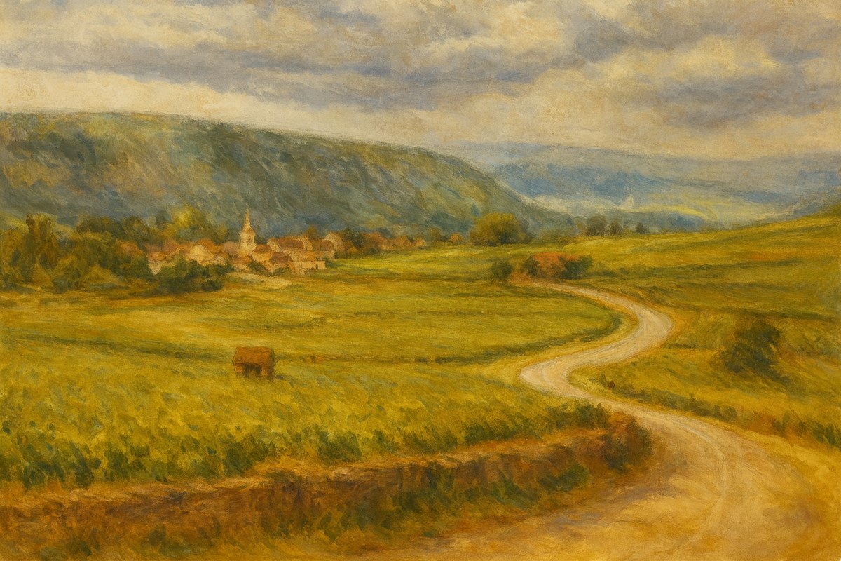 Painted impression of a French village in a wide green valley