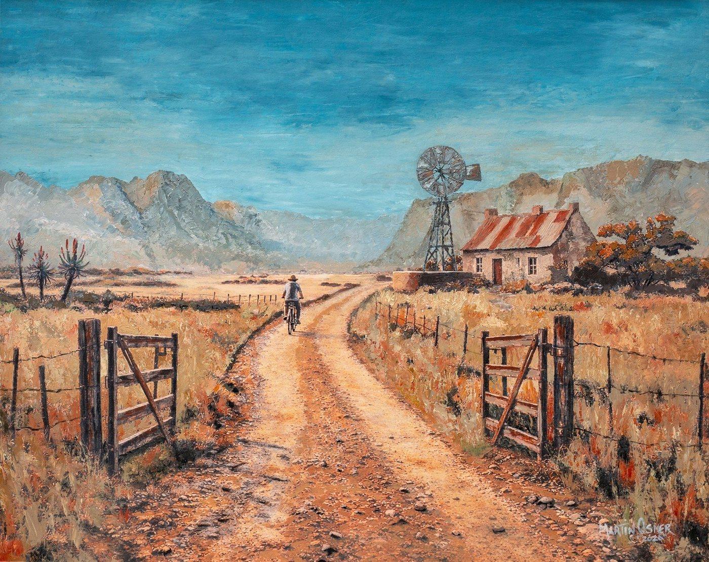Fields of Gold, a painting of a dirt road running past a windmill and farmhouse towards mountains near Montagu, by Martin Osner