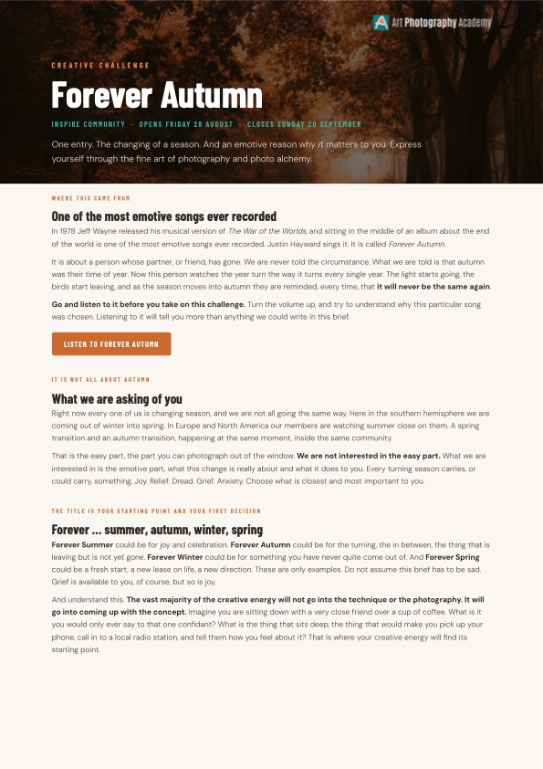 The Forever Autumn creative brief document, showing the brief, what we are looking for and how to enter
