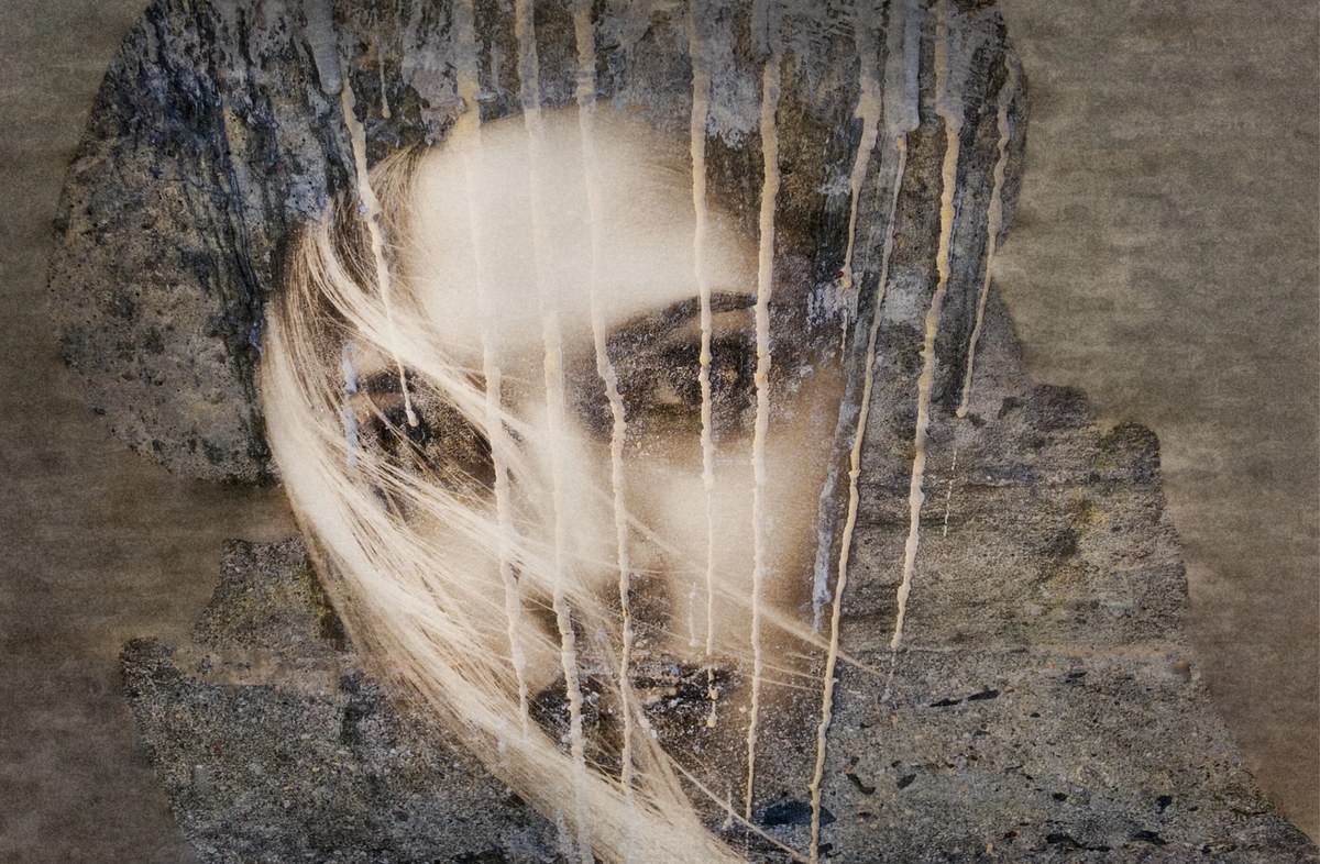 Portrait behind dripping wax, encaustic and paint
