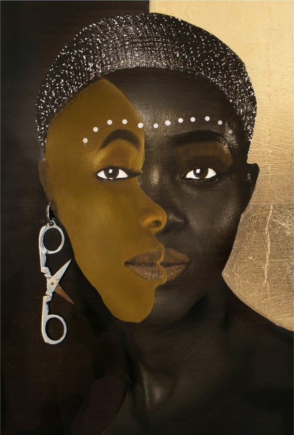 Portrait split by gold leaf, mixed media collage