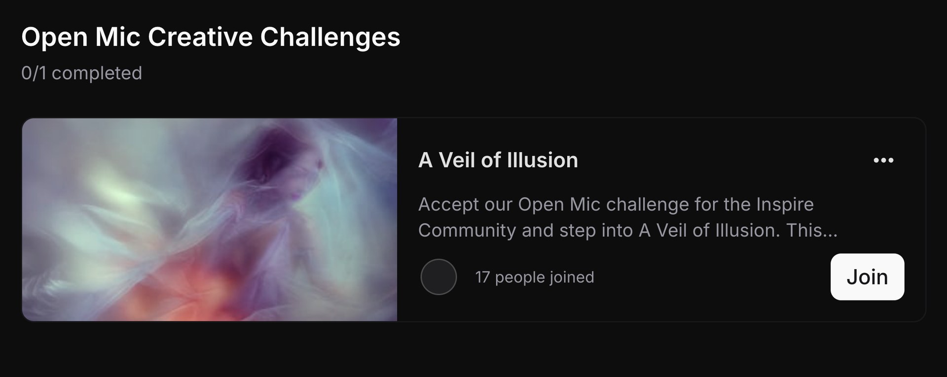 The A Veil of Illusion challenge card inside the Inspire Community, showing seventeen people joined