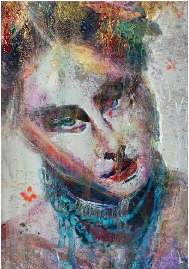 Portrait built up in colour, paint and texture overlays