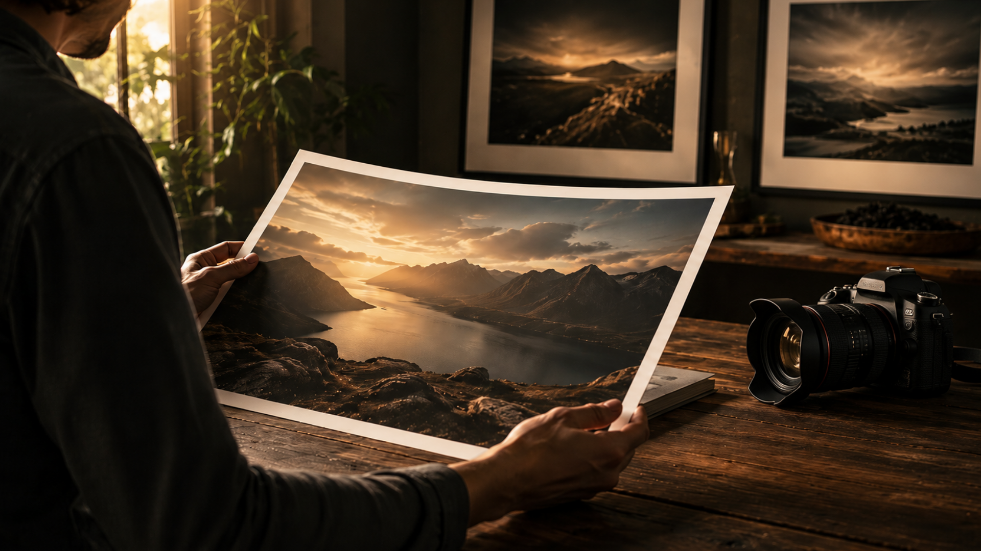 A photographer studying a fine art landscape print in warm light