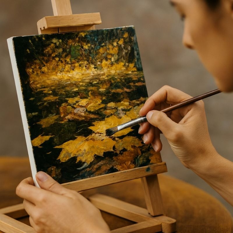 Small canvas on a tabletop easel being painted