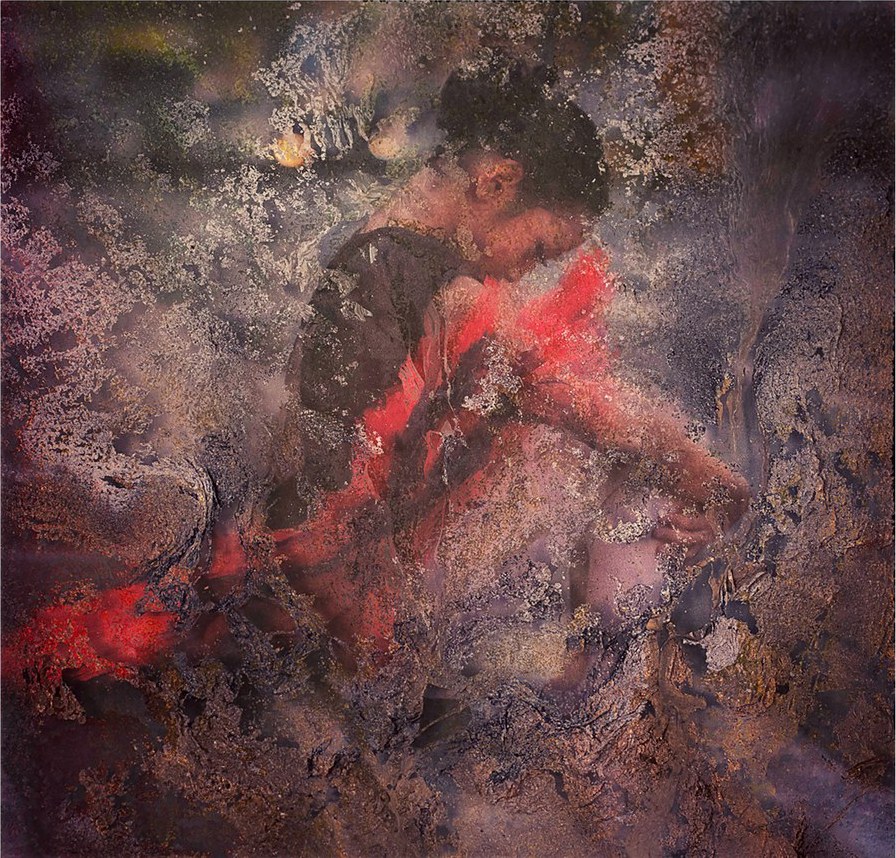 Red figures dissolving into a painted overlay