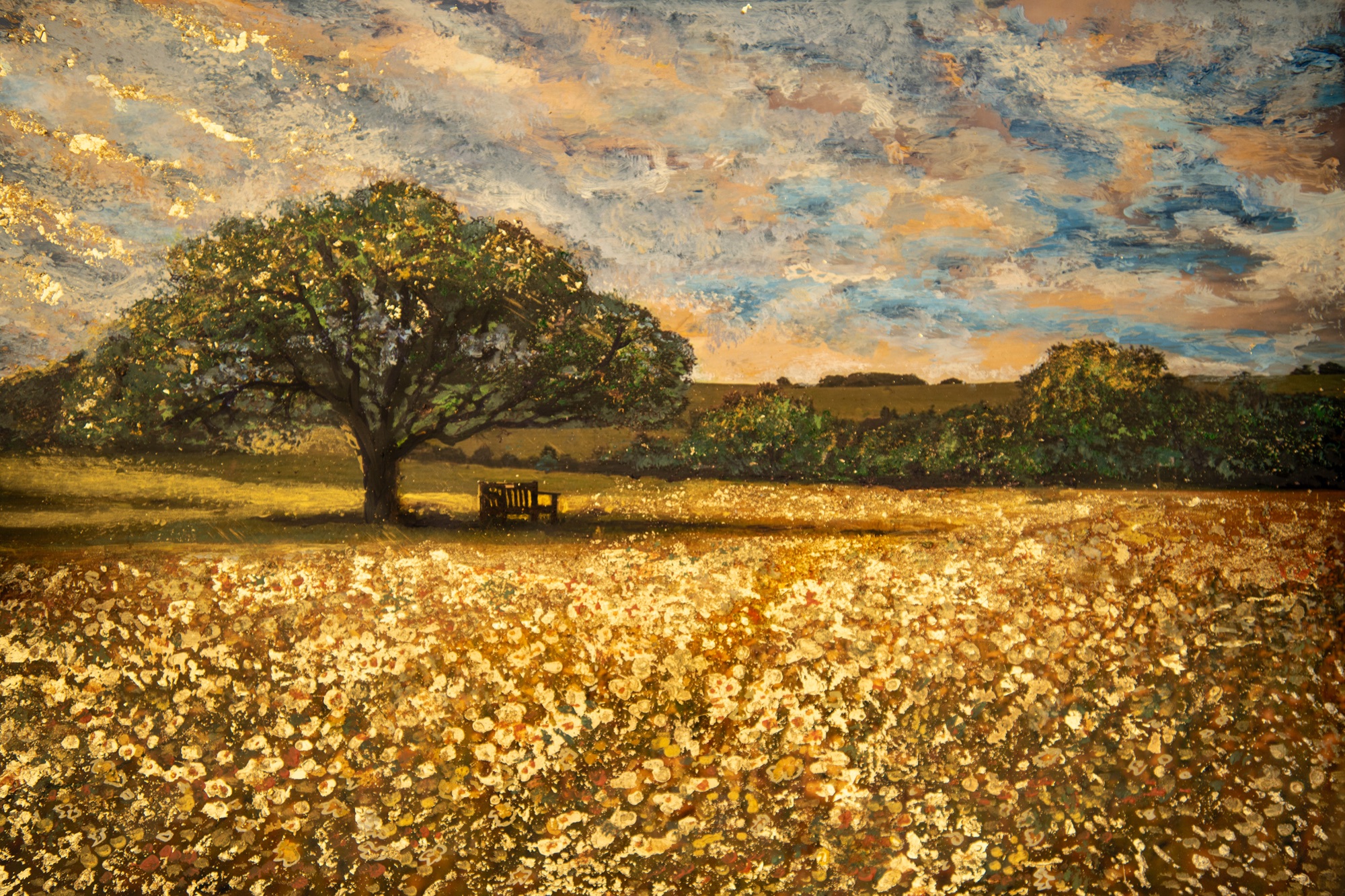 Fields of Gold at Last Light by Gillian Mager, a lone tree over a field worked in gold leaf