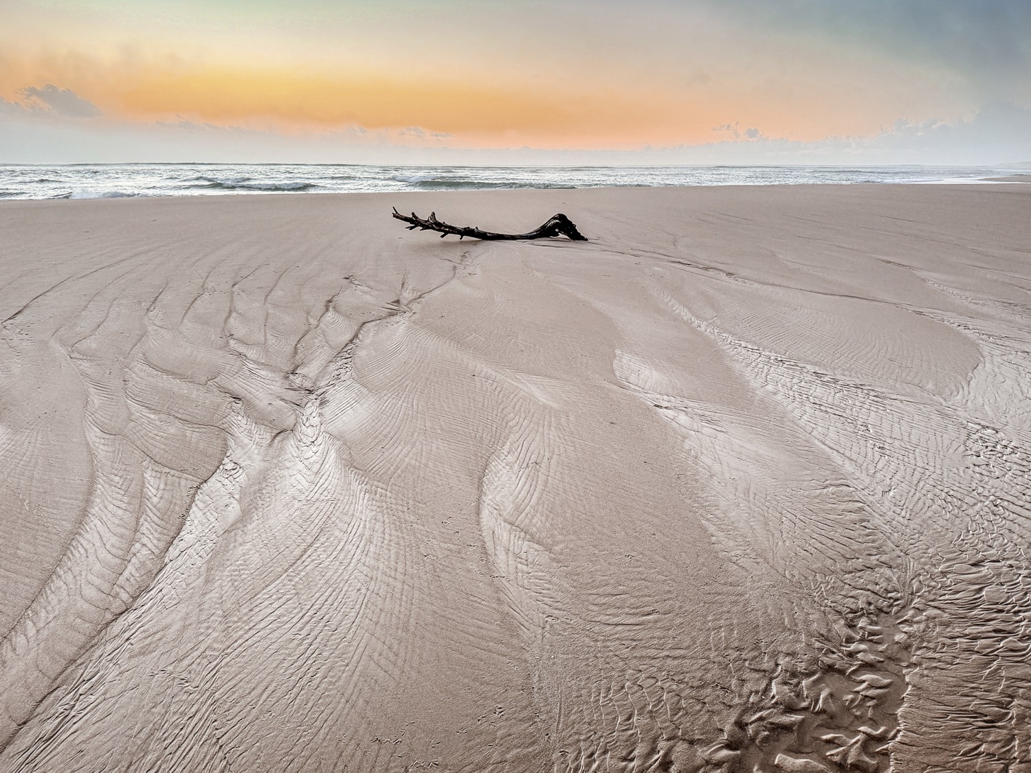 Rippled sand and driftwood on an empty beach under a warm evening sky