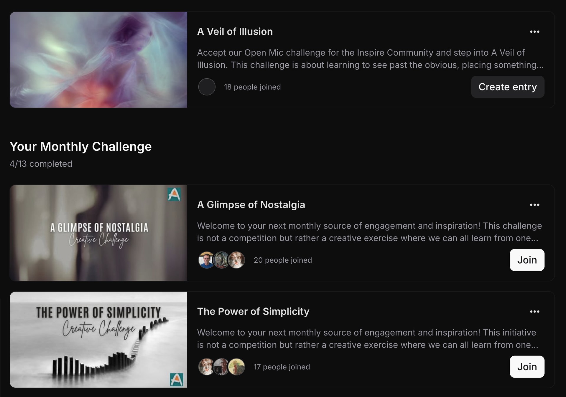 The monthly challenge library inside the Inspire Community, showing A Glimpse of Nostalgia and The Power of Simplicity
