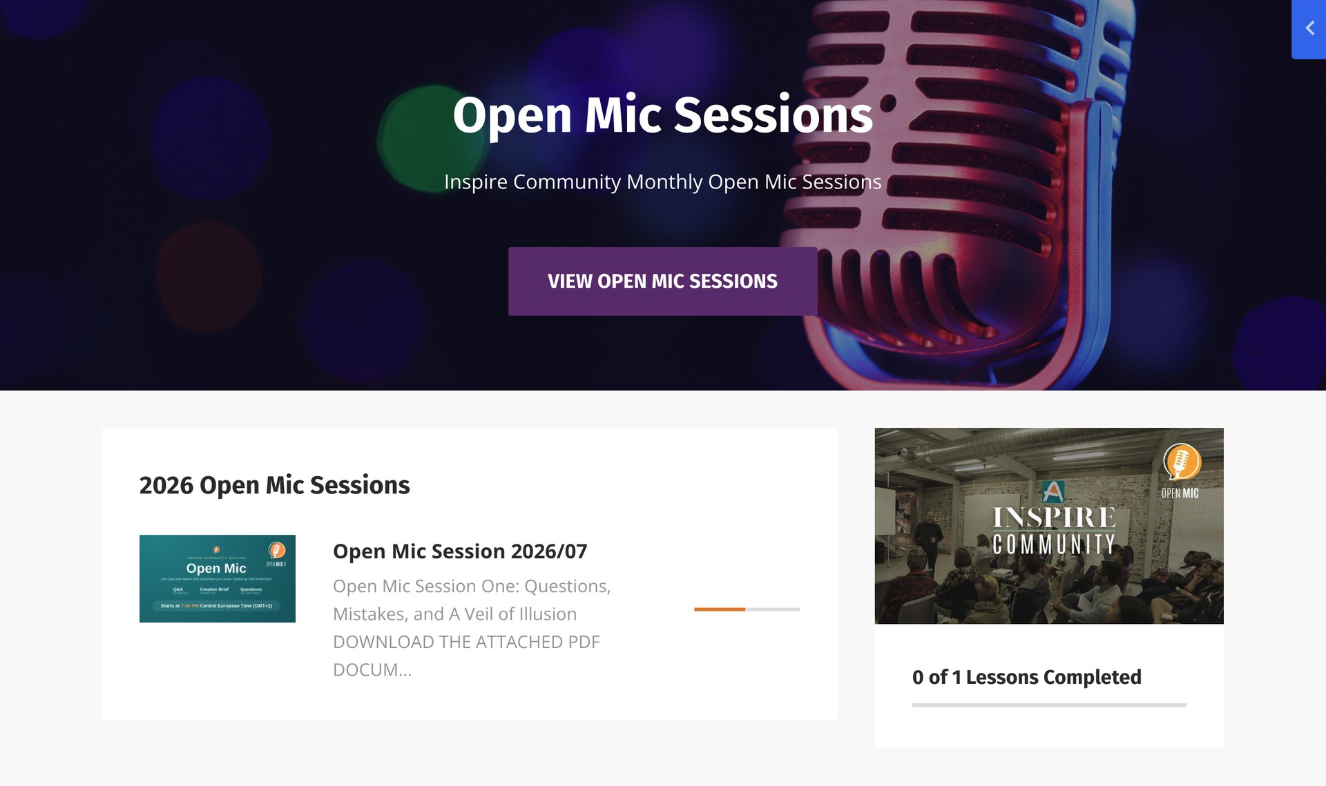 The Open Mic Sessions area inside the Art Photography Academy, with the recording and the brief for the July session