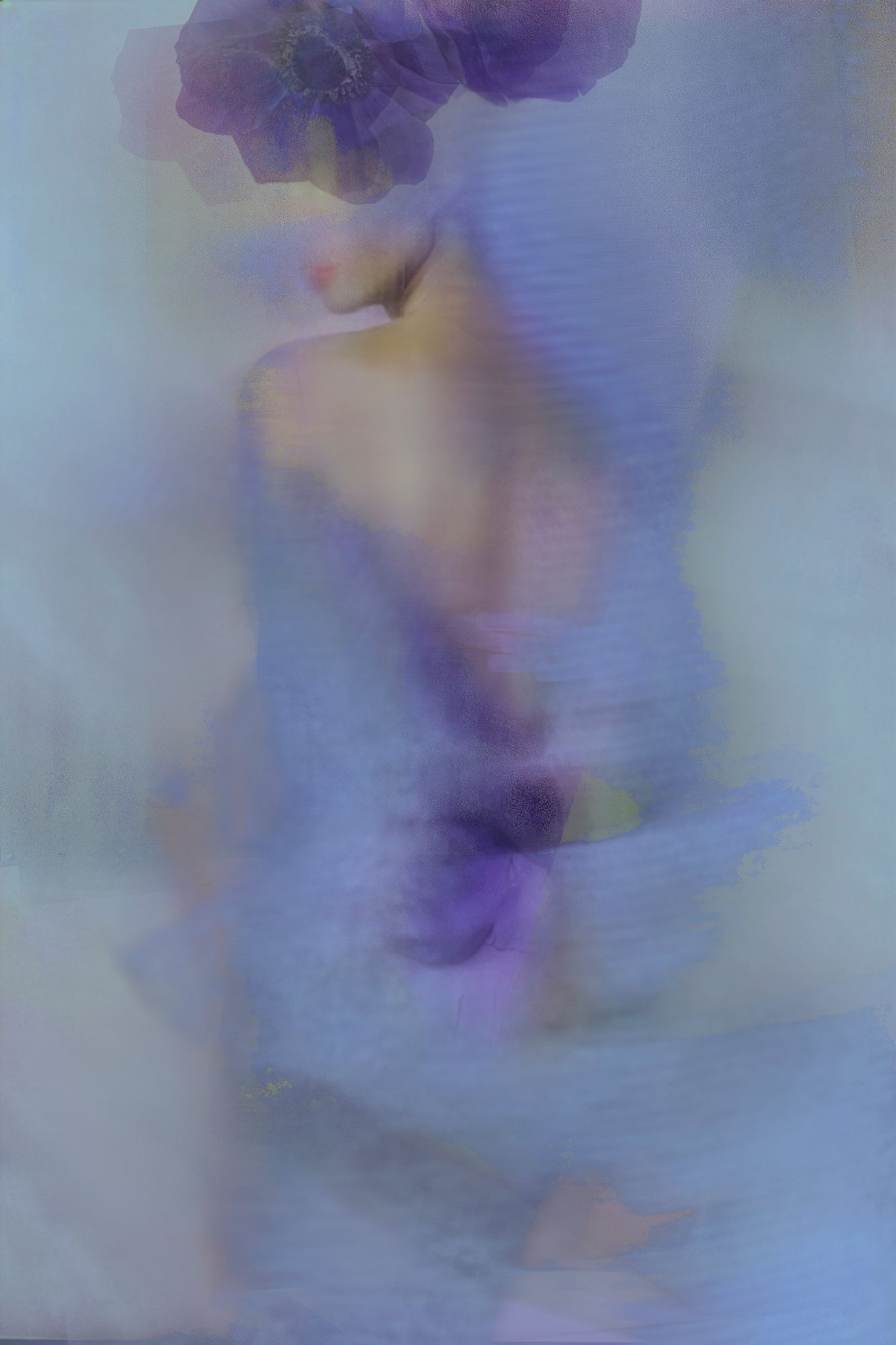 A pale figure in lilac and cornflower, holding a bloom, from A Veil of Colour