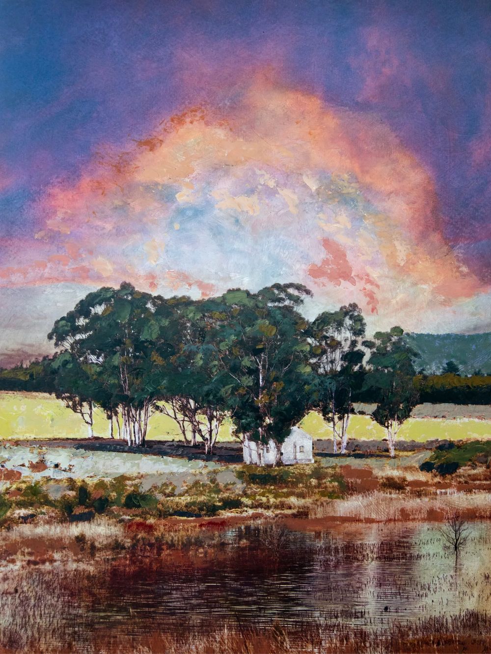 Sunset at Graymead Road, a painting of a farmhouse and trees under a pink and orange sunset, by Martin Osner