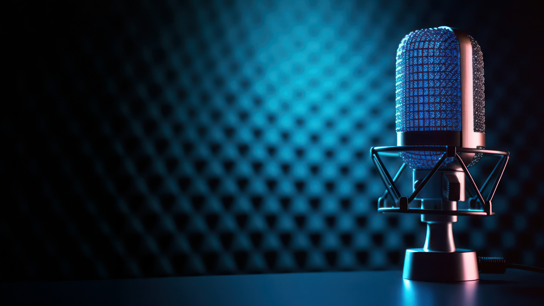 A studio microphone lit in blue in an acoustic studio