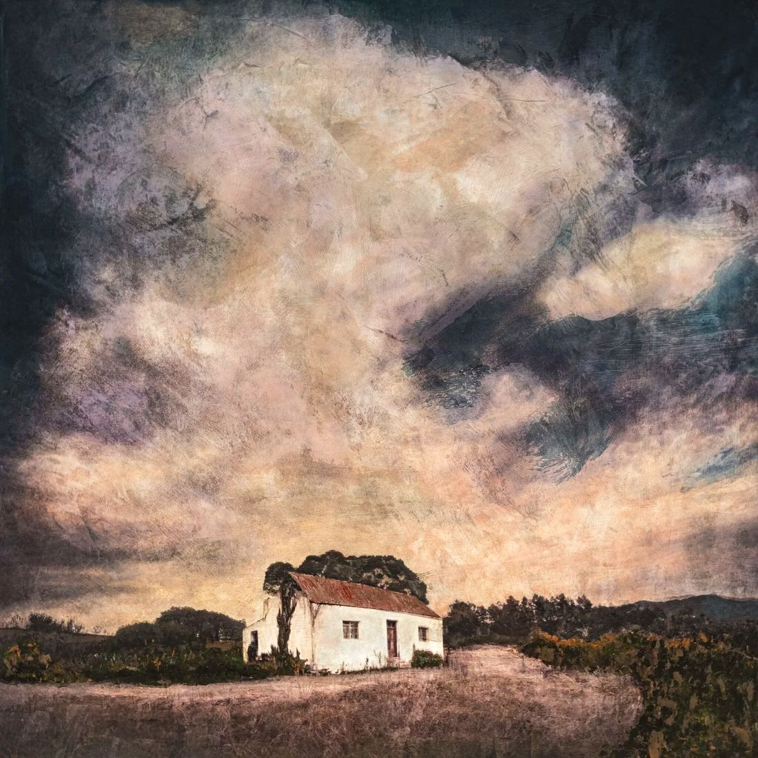 Homestead Reverie, a painting of a small white farmhouse beneath a vast clouded sky, by Martin Osner