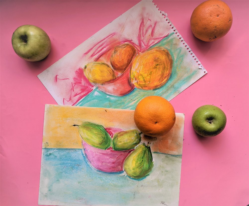 Oil-pastel still life of fruit in a bowl