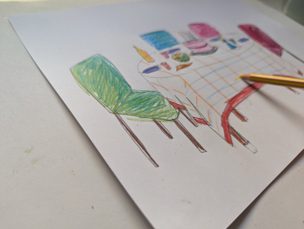 A coloured-pencil drawing of a table and chairs
