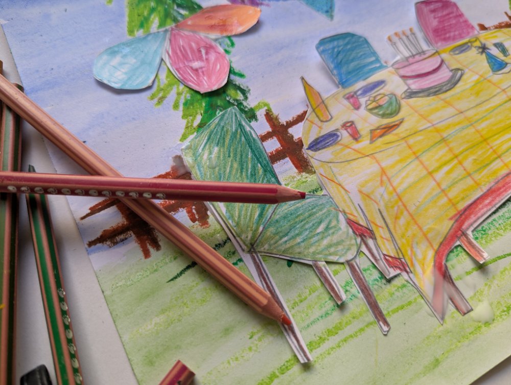 A coloured-pencil garden party table with cut-paper trees