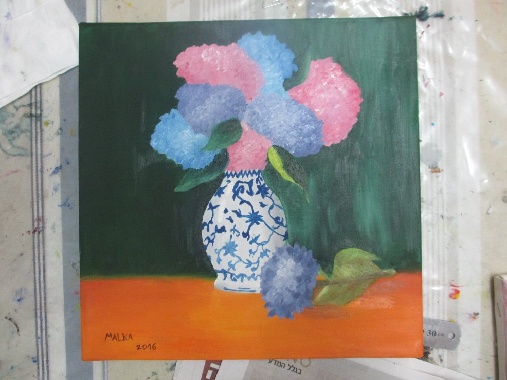 An acrylic painting of hydrangeas in a blue-and-white vase