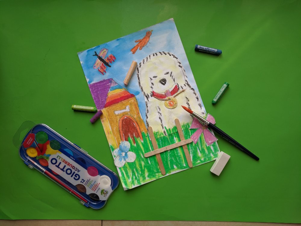 Mixed-media painting of a dog by its kennel, with supplies