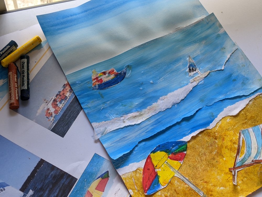 A torn-paper beach collage with boats