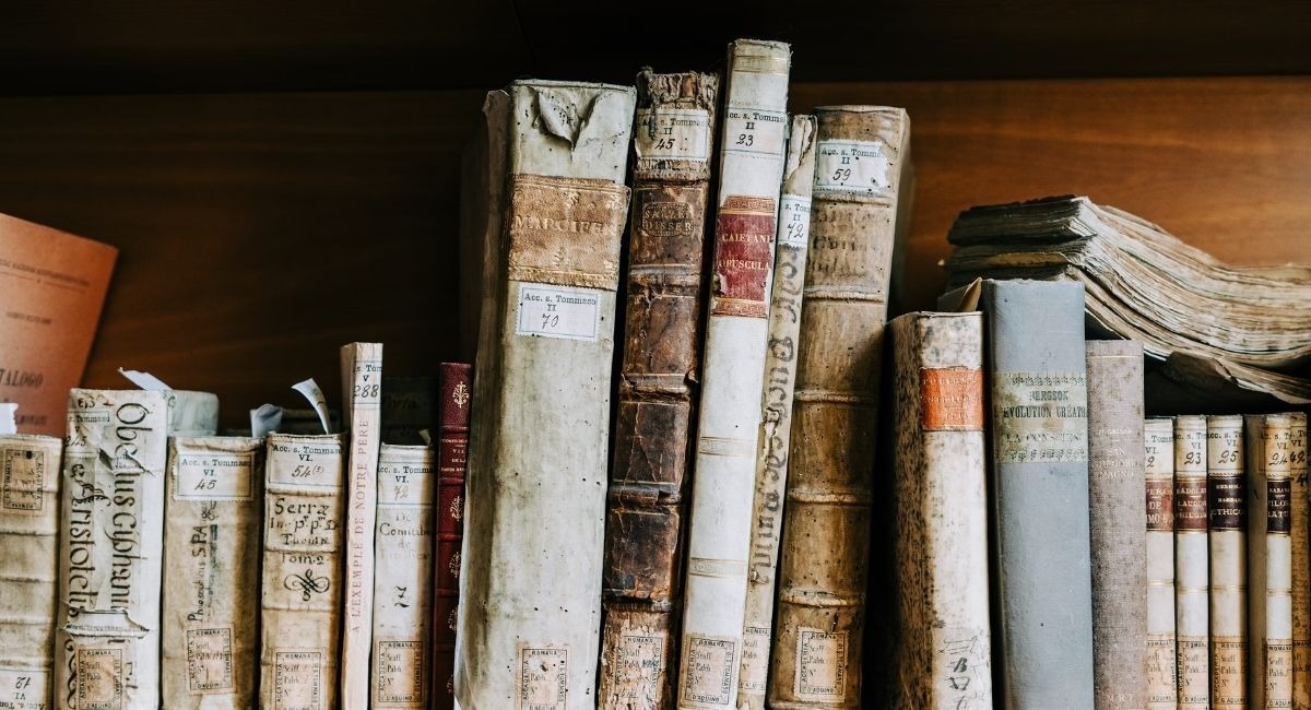 Theological books on a shelf