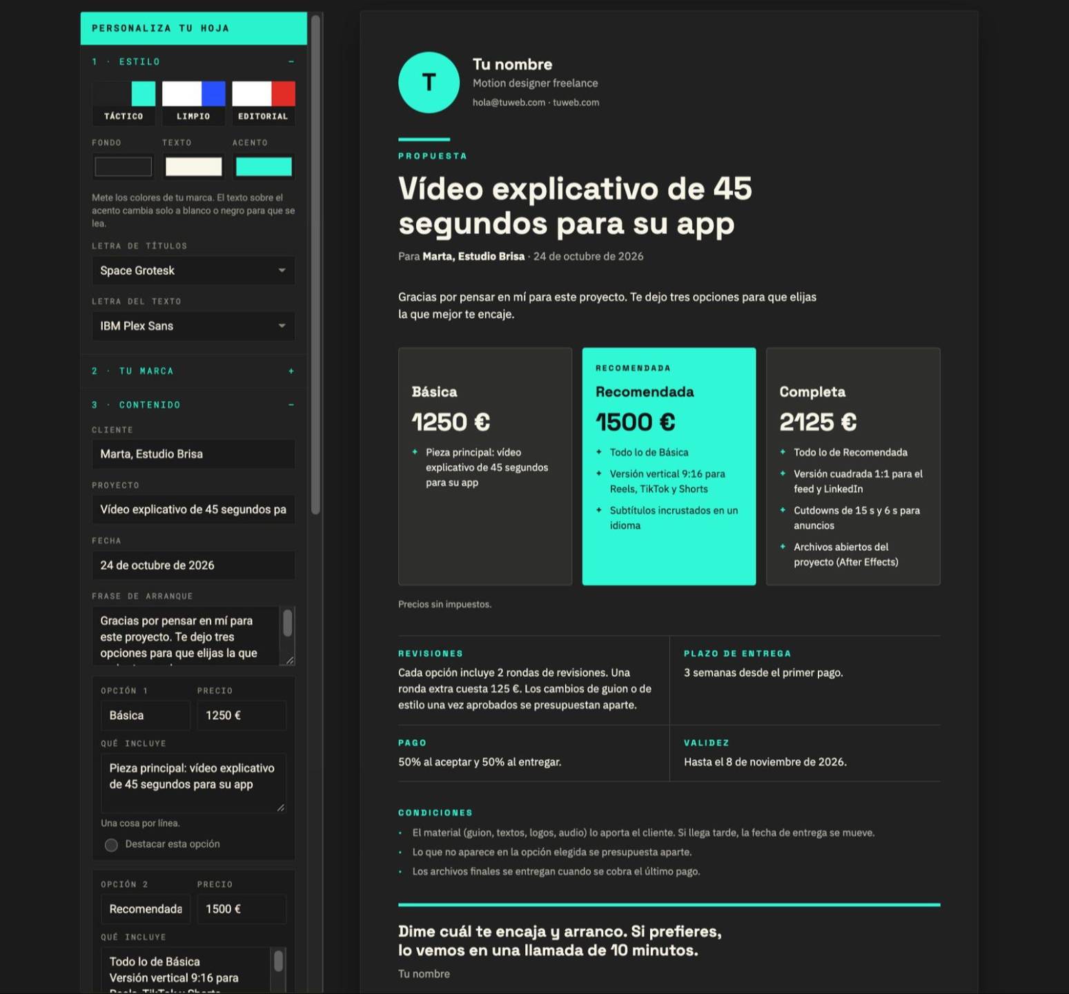 Hoja de propuesta para el cliente