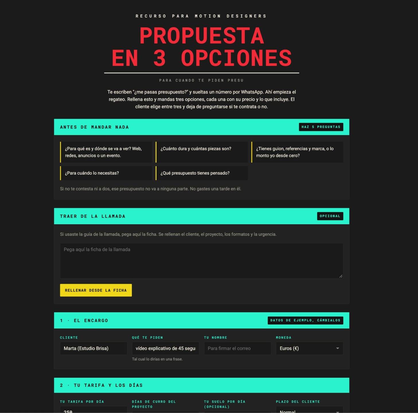 Generador de propuesta en 3 opciones