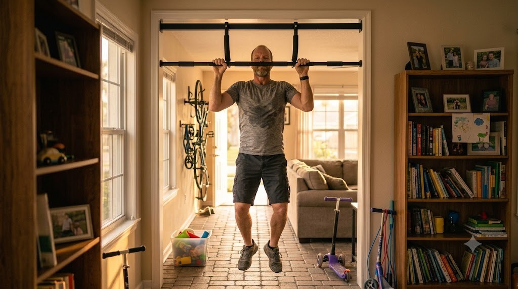Man doing pull-ups at home in bright natural light