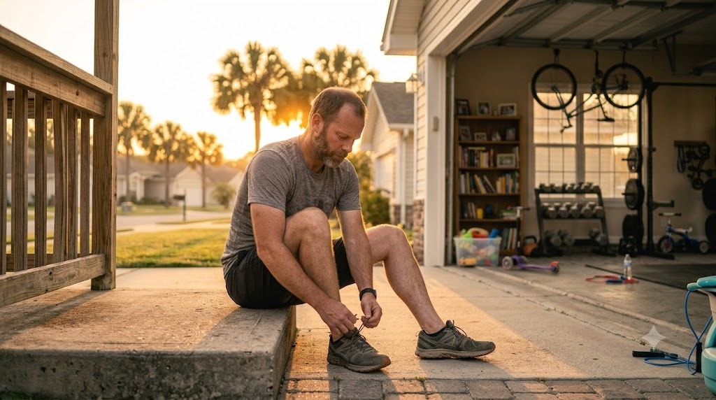 Dad lacing up running shoes on the porch at sunrise, ready for a weekend walk