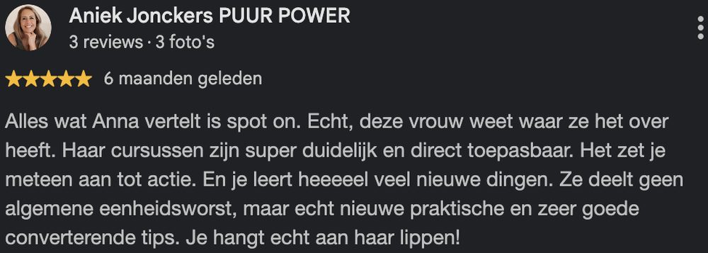 Google review van Aniek Jonckers