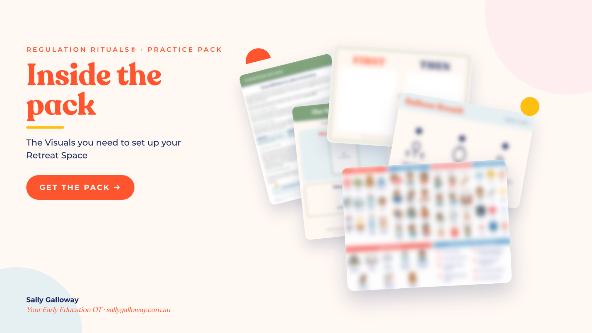 The Done-for-You Visuals fanned out: family communication letter, retreat space door sign, first and then board, breathing prompt cards and the labelled retreat space card templates.