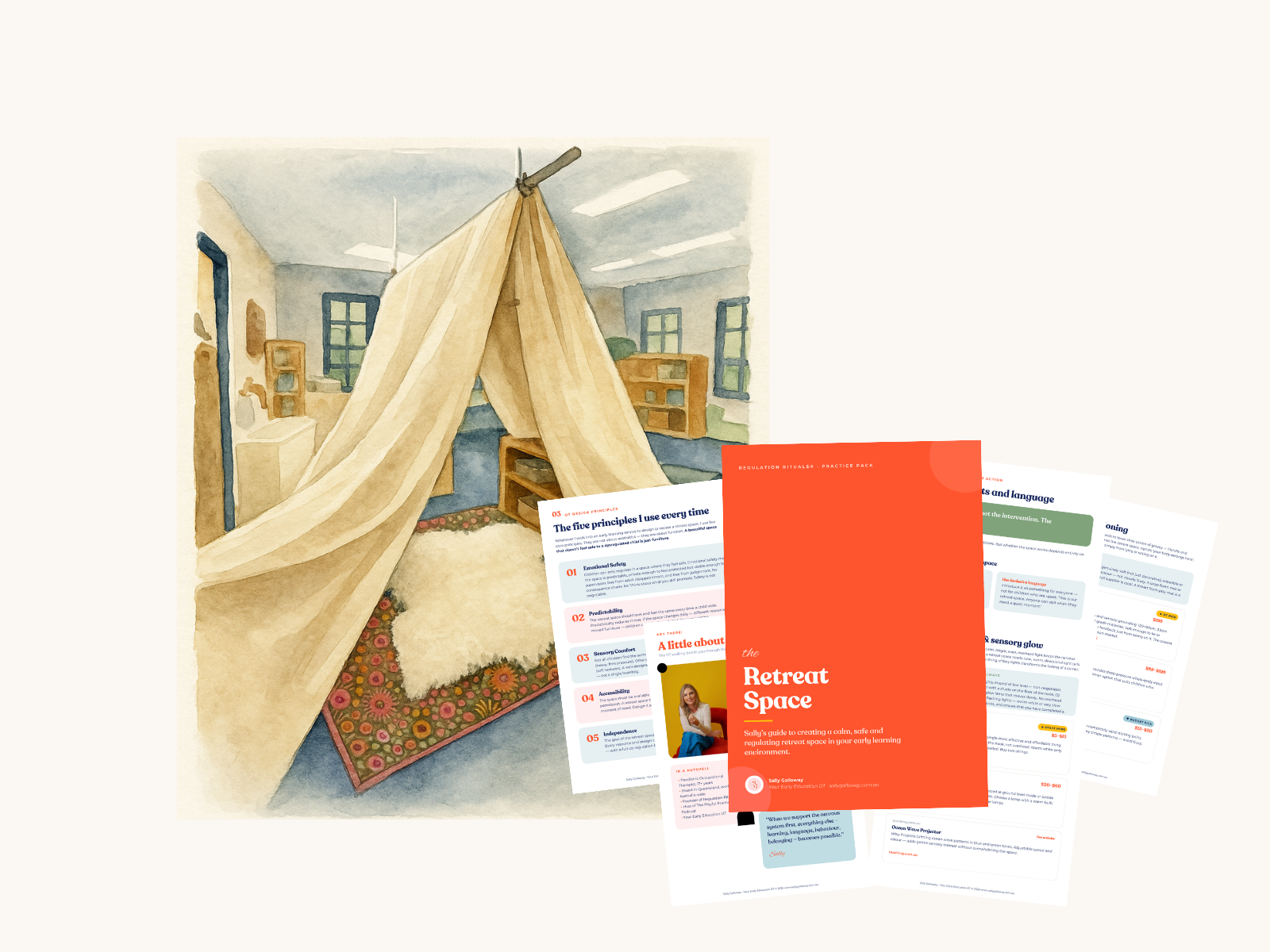 The Retreat Space Practice Pack shown as a fanned spread: the coral cover alongside interior pages covering the five design principles, educator language and the illustrated buying guide.