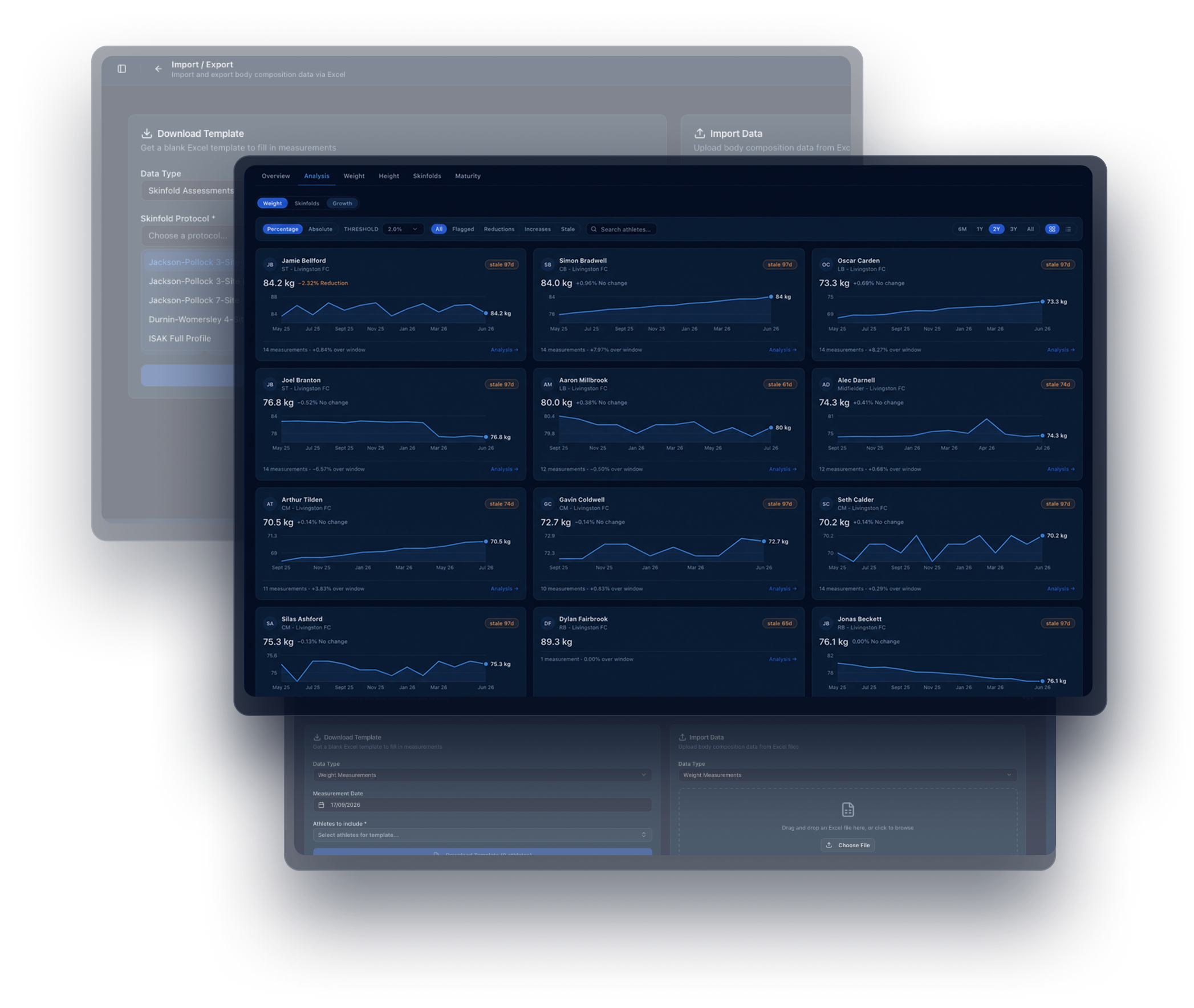 Examples of custom sport analytics software: an athlete weight analysis screen and a data import tool