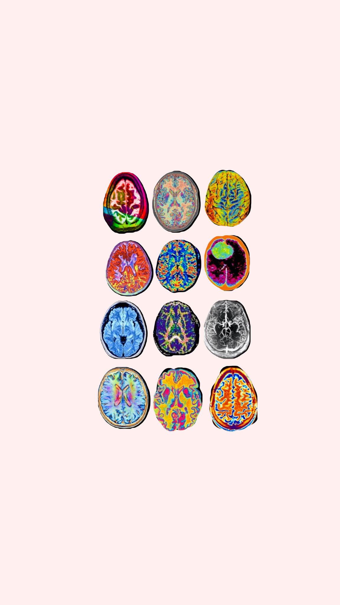 Twelve colourful brain scan slices