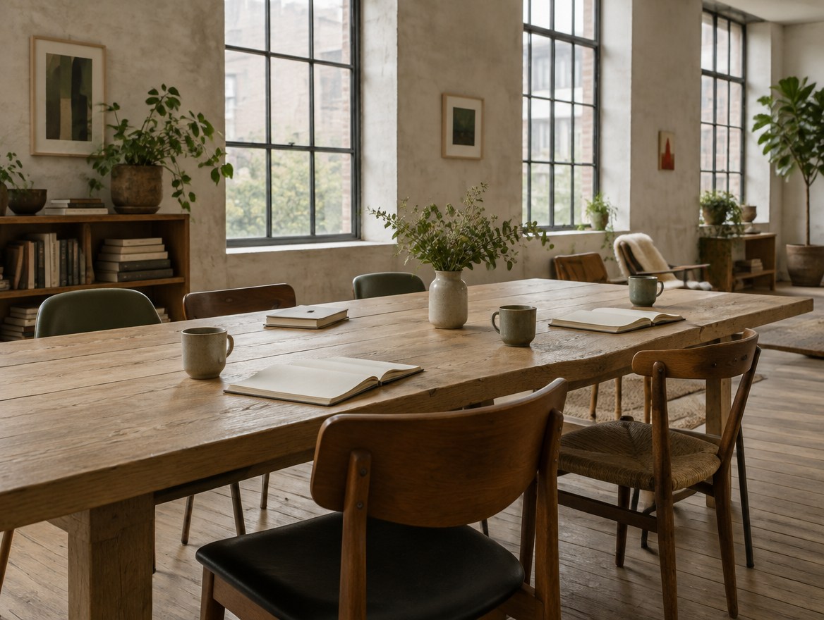 Artist-loft table ready for conversation and shared work