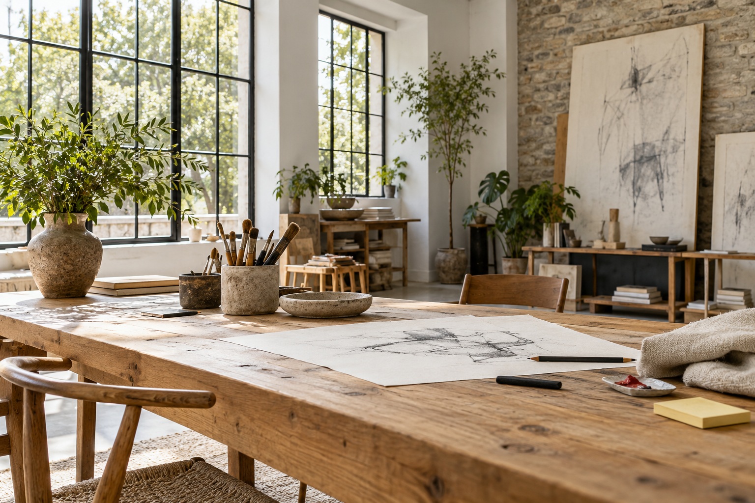Artist-loft concept with daylight, plants, canvas and a shared wooden worktable