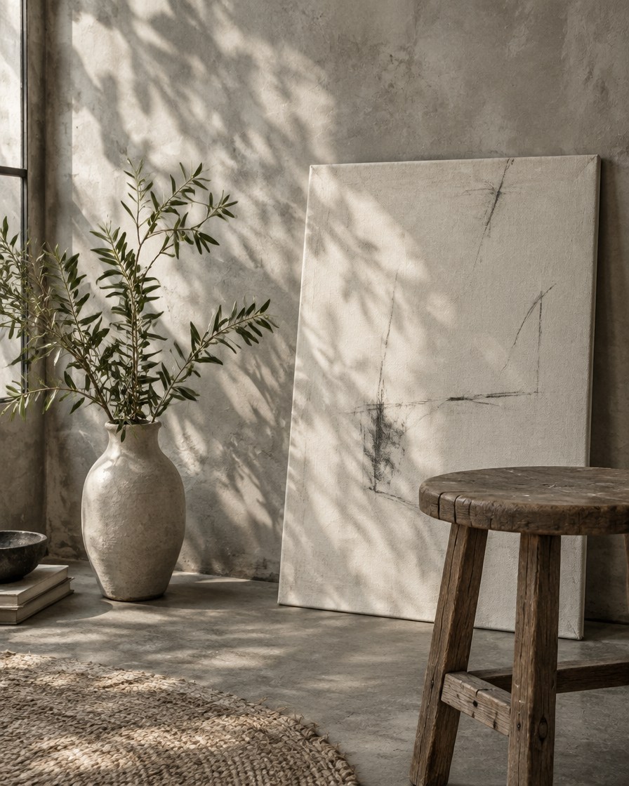 Artist-loft concept: canvas, soft plant shadows and textured plaster