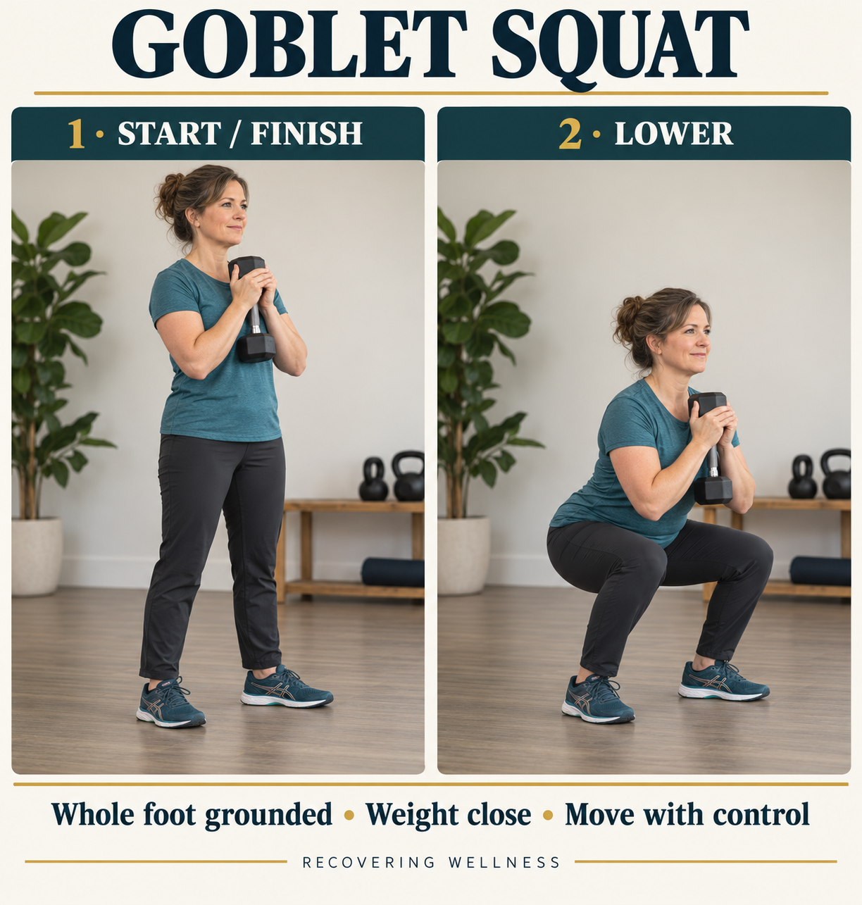 Goblet squat setup and movement positions from the Couch to Strong course PDF