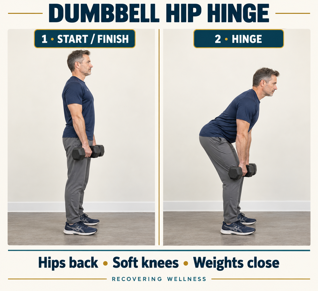 Hip hinge with weights setup and movement positions from the Couch to Strong course PDF