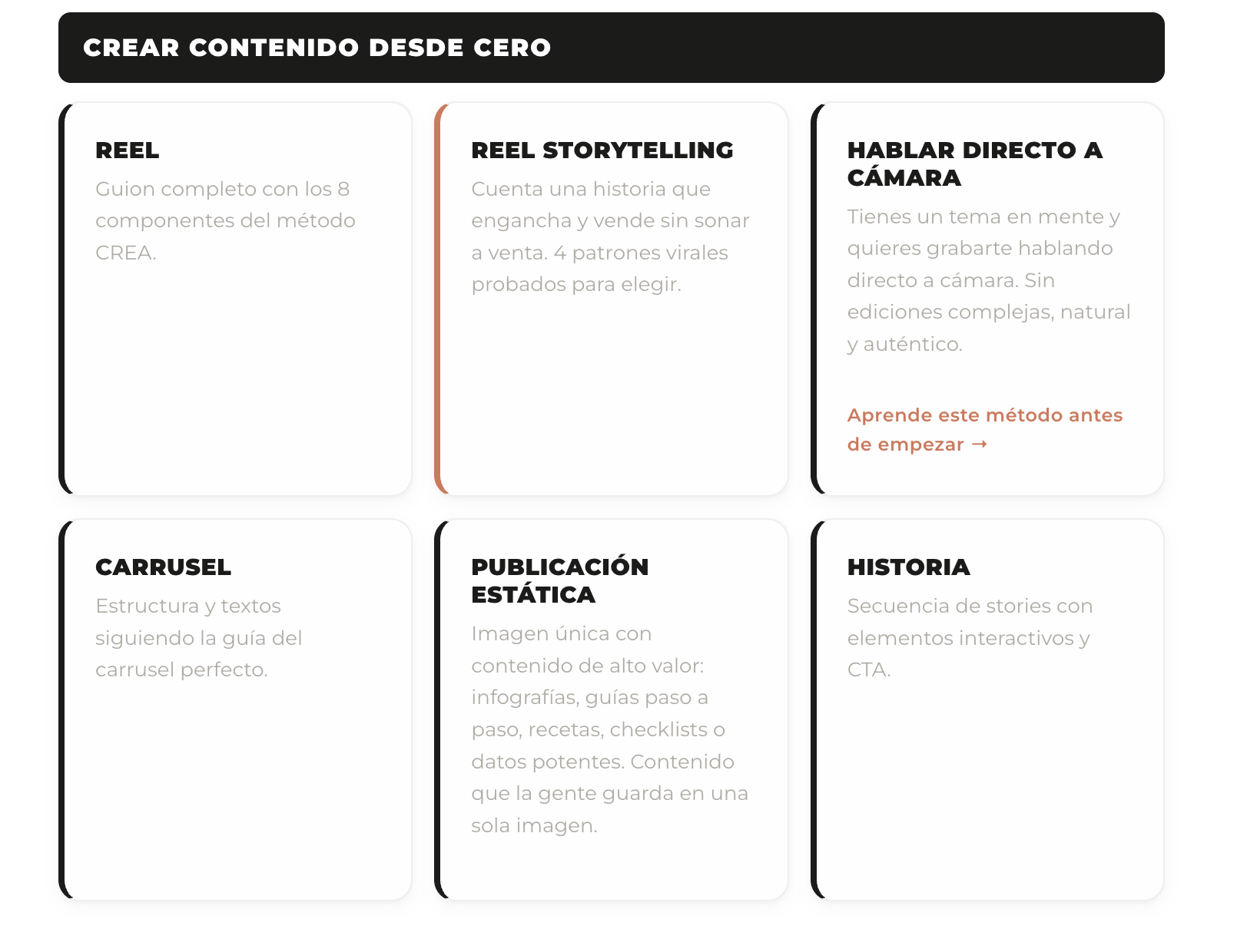 Pantalla del bot CREA: reel, reel storytelling, carrusel, estática e historia