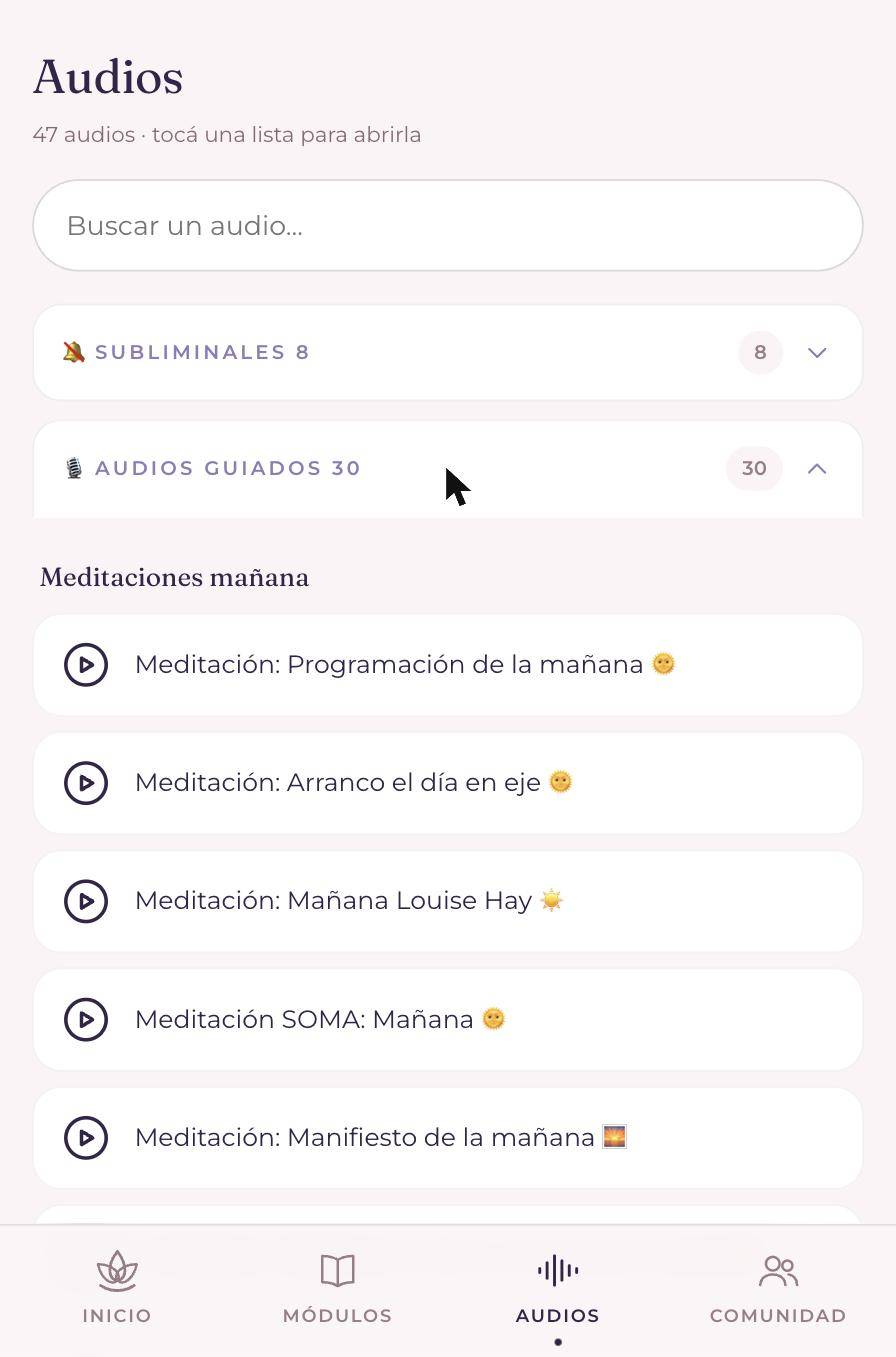 Pantalla de audios de la app Renacer