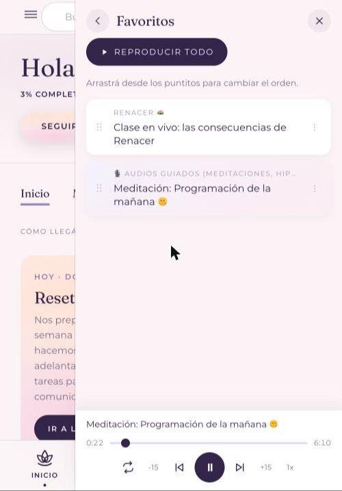 Pantalla de favoritos de la app Renacer