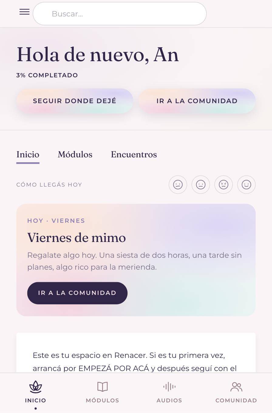 Pantalla de inicio de la app Renacer