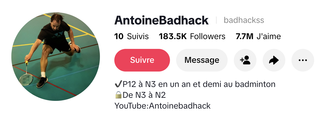 Compte TikTok AntoineBadhack — 183,5K abonnés, 7,7M de j'aime