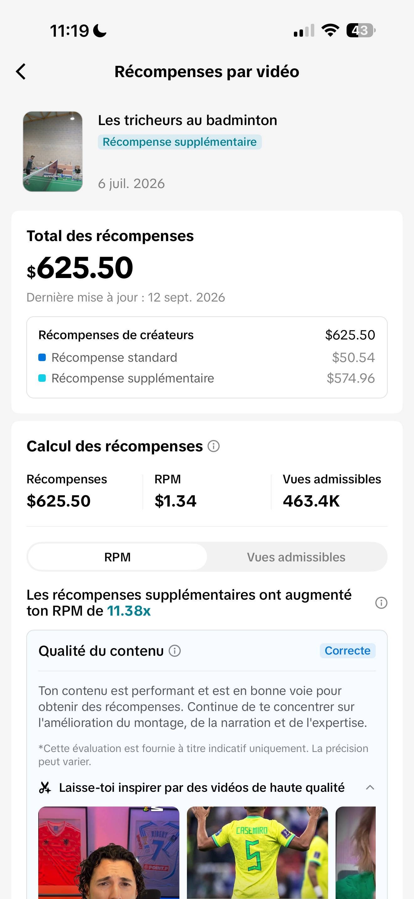 Détail d'une vidéo : 625,50 $ de récompenses, RPM multiplié par 11,38
