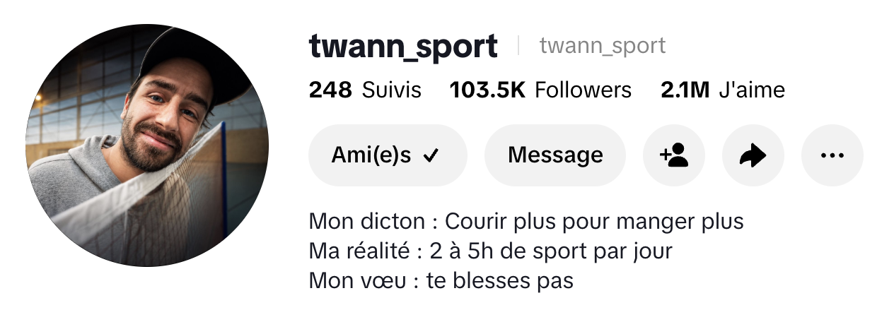 Compte TikTok twann_sport — 103,5K abonnés, 2,1M de j'aime