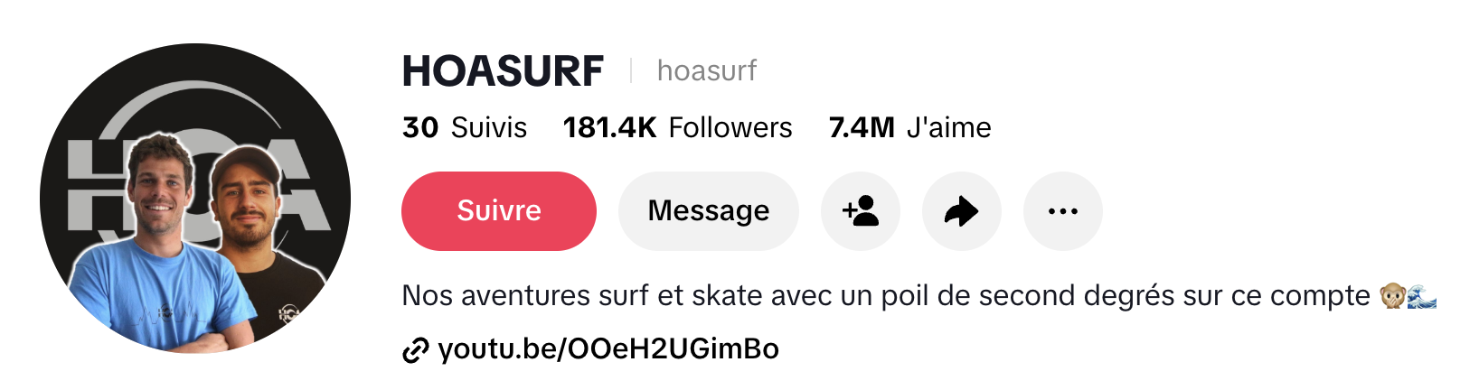 Compte TikTok HOASURF — 181,4K abonnés, 7,4M de j'aime