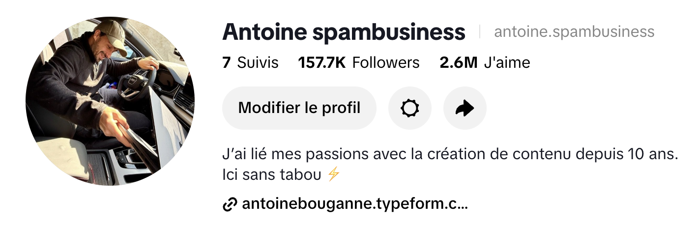 Compte TikTok Antoine spambusiness — 157,7K abonnés, 2,6M de j'aime